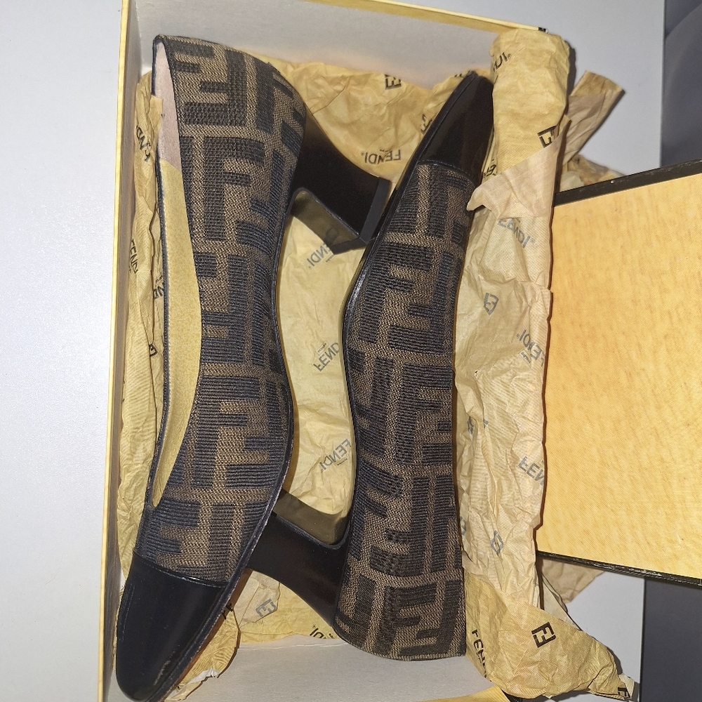 Fendi Shoes & Box Vintage Heel Print Fabric Size 8 #642543 Y2K 90's - Picture 2 of 16